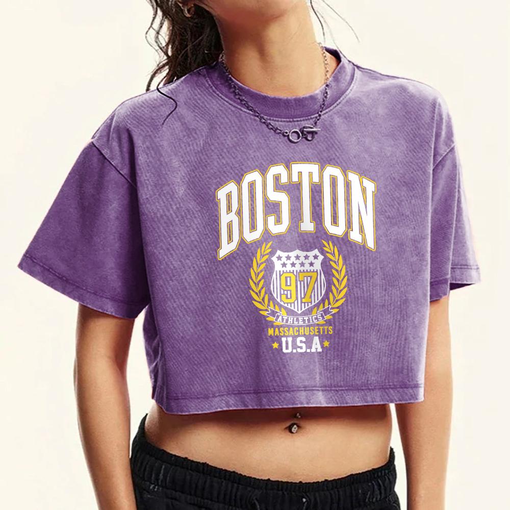 

Бостон США Креативная печать букв Выстиранная укороченная футболка Женская мода Хлопковые футболки Повседневный топ с коротким рукавом XL