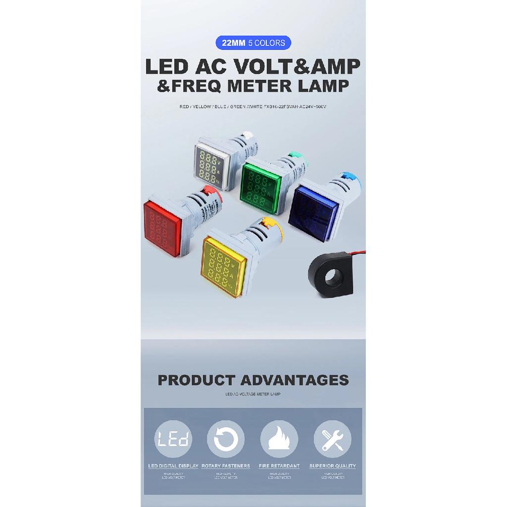 Square LED Digital Voltmeter Ammeter Hertz Meter AC24-500V Voltage Current Frequency Combo Meter Signal Light Indicator Tester