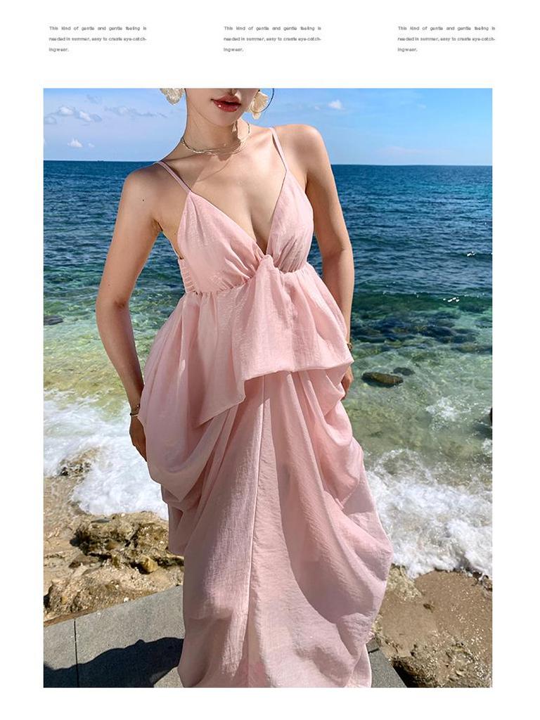 Pink French Backless Camisole Dress - Elegant Beach-Ready Evening Gown for Women