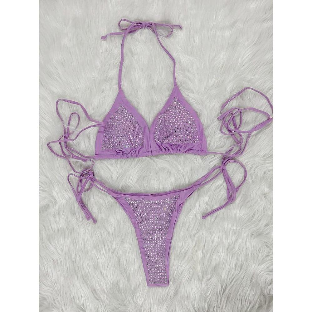 European and American Sexy Diamond Bikini Split Solid Color Strap Beach Vacation Women's Swimsuit