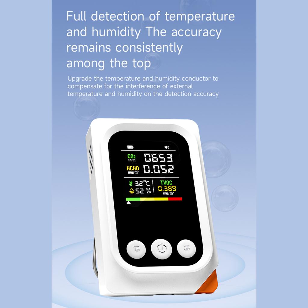 5 in 1 Portable Air Quality Monitor Detects TVOC CO2 Temperature Humidity with HD Screen Built in Battery for Indoor