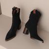 Women's Black Suede Pointed Toe Chunky Heel Ankle Boots with Back Zipper - Versatile Autumn/Winter Western Style.