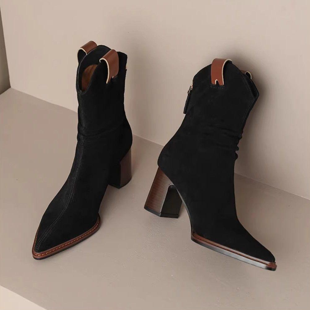 Women's Black Suede Pointed Toe Chunky Heel Ankle Boots with Back Zipper - Versatile Autumn/Winter Western Style.