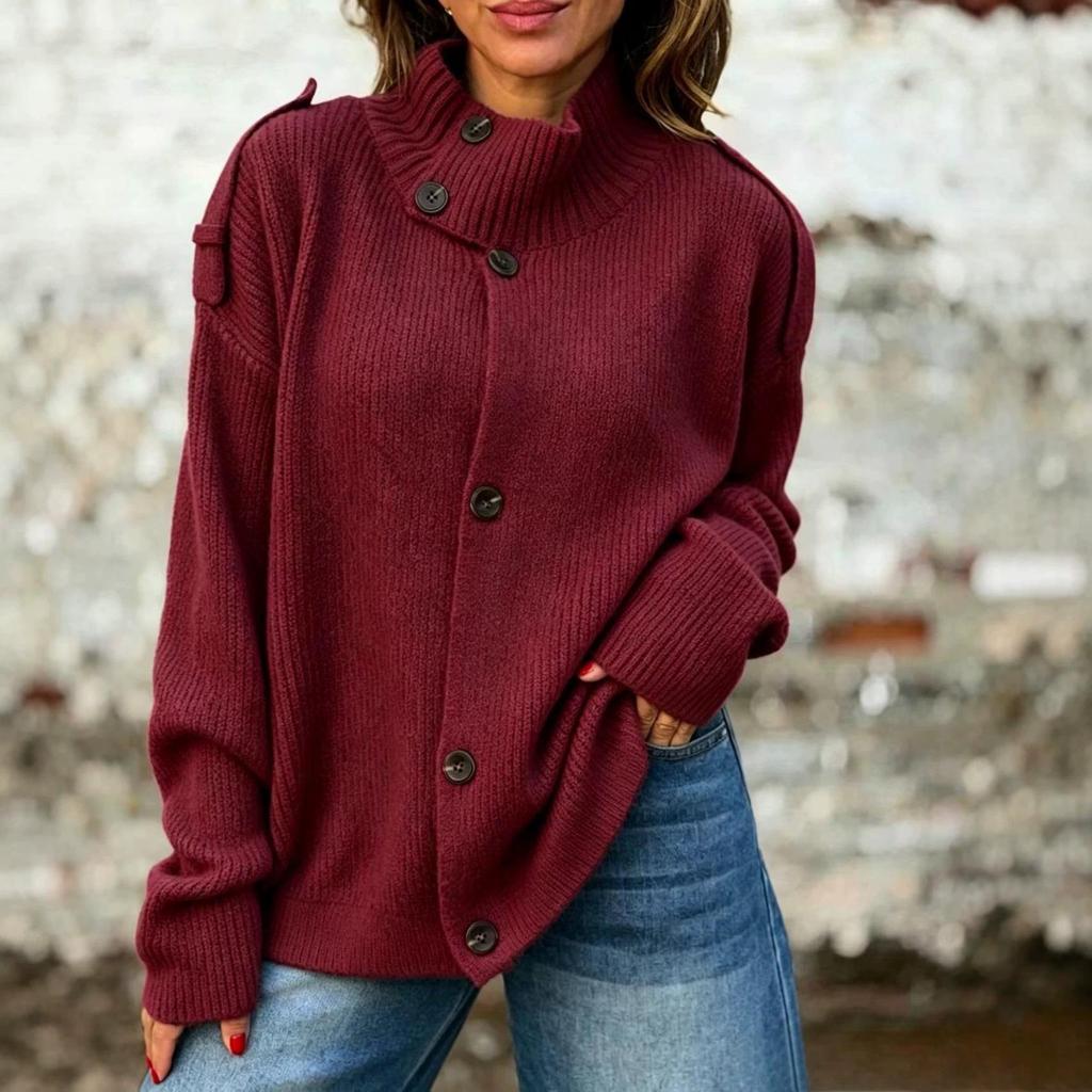 Autumn/Winter Women's High Collar Button-Embellished Knit Cardigan