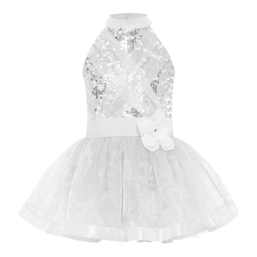 Girls Shiny Sequins Layered Tulle Ballet Dance Dress Sleeveless Cutout Back Tutu Dress Built In Briefs Skirt