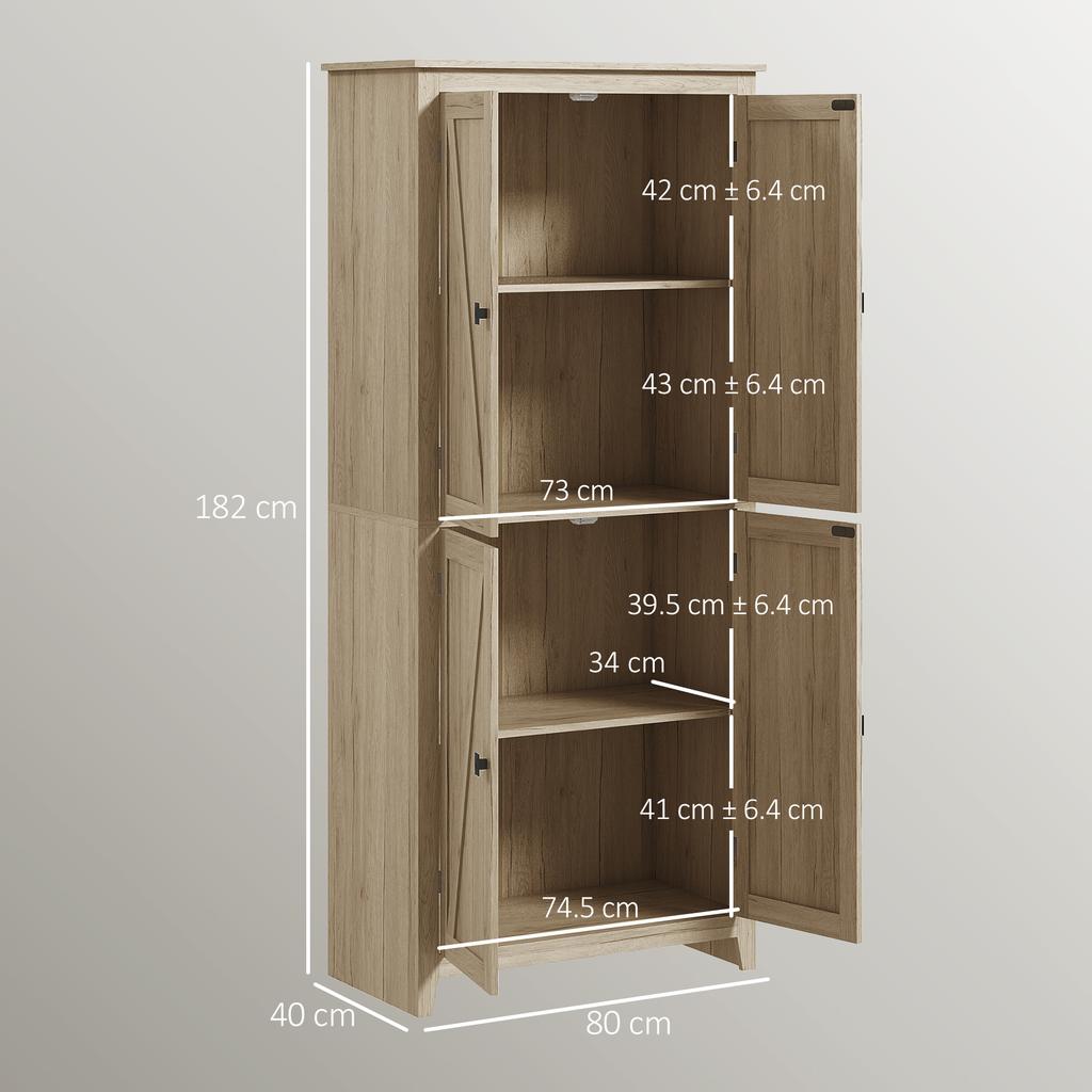 4-Door Kitchen Cabinet with Adjustable Shelves and Raised Base in Wood 80x40x182cm
