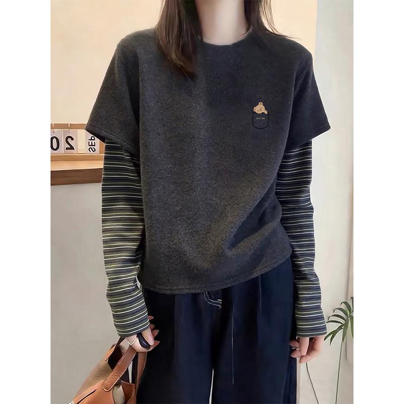 Women's Striped Long-Sleeve Faux Two-Piece Thickened Top for Spring, Autumn, Winter 2026