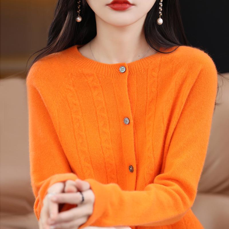 Women's Spring Cashmere Cardigan - Round Neck, Solid Color, Cable Knit, Loose Fit, 100% Pure Wool Sweater