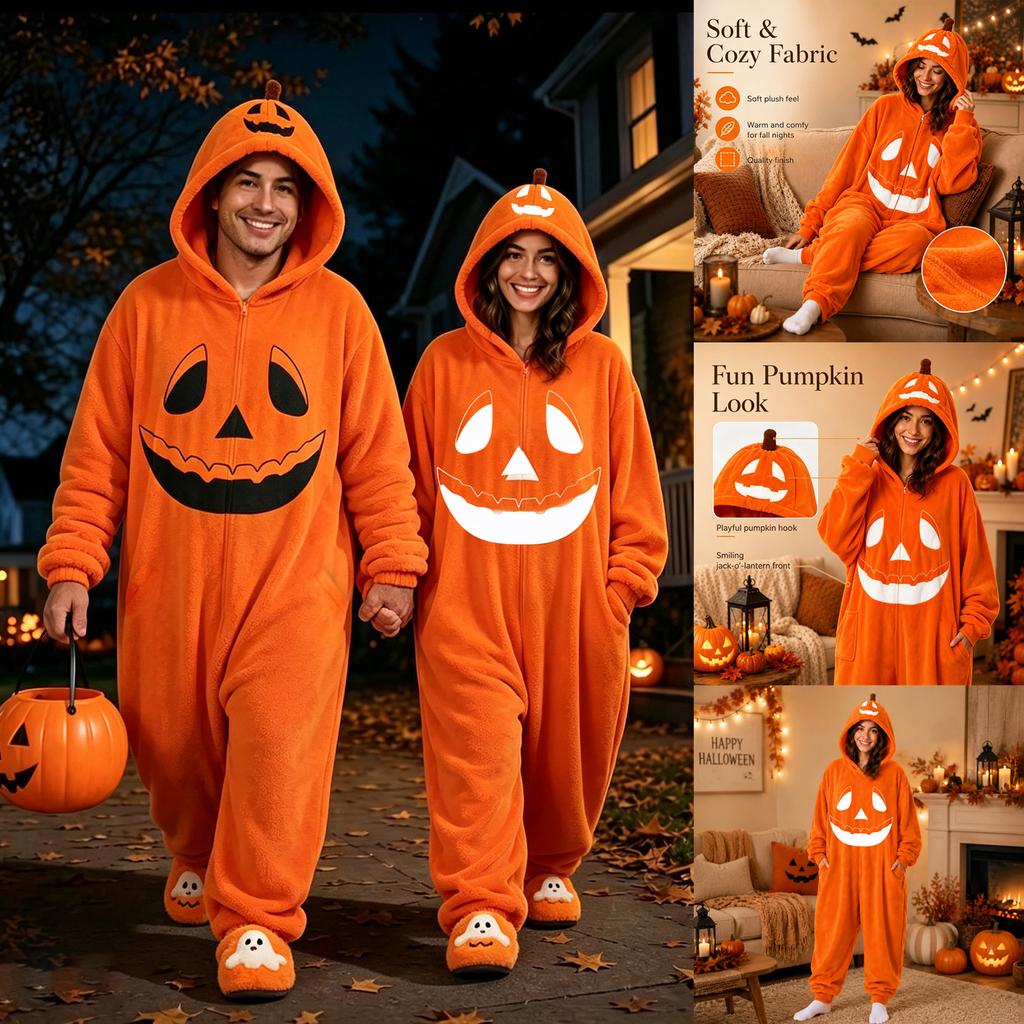 Women's Flannel Pajama Jumpsuit with Halloween Print for Cozy Lounging