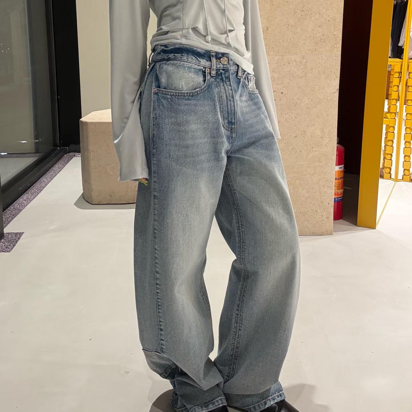 

10-Day Shipping: Adjustable Side Pleated Wide-Leg Jeans, Faded Wash, Cuffed Option, Spring/Summer. Large синий