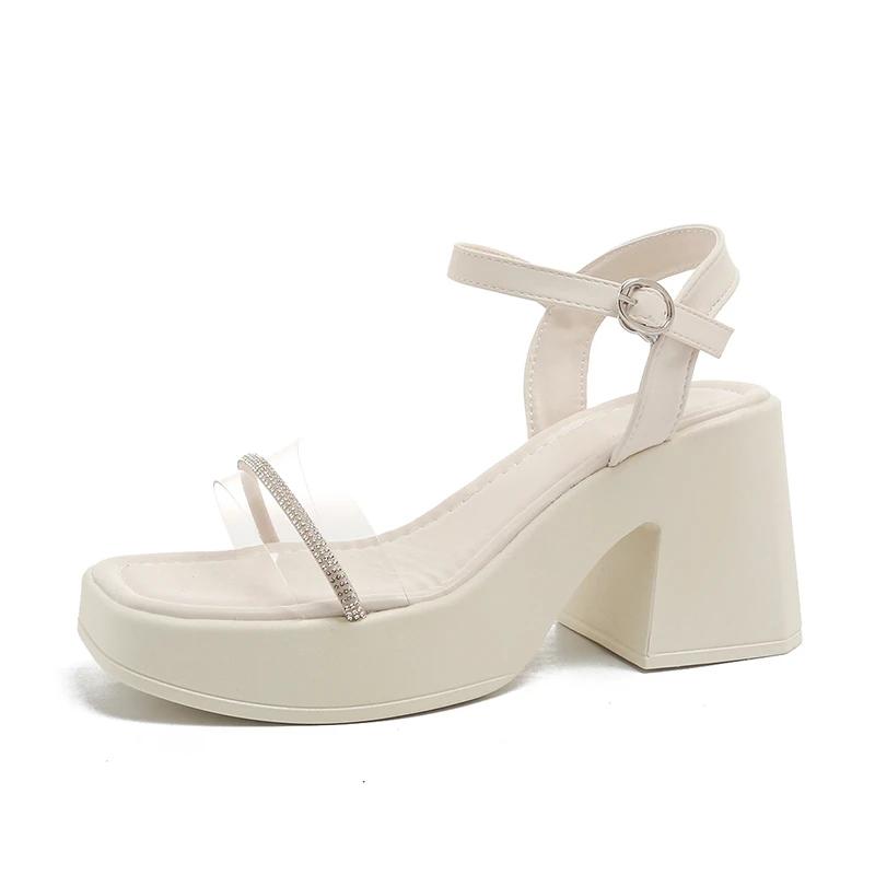 

Summer Rhinestone Square Heel Sandals Women Shoes Fashion Transparent Buckle Outdoor Shoes Women Black White Big Size 42 Sandals 35 белый