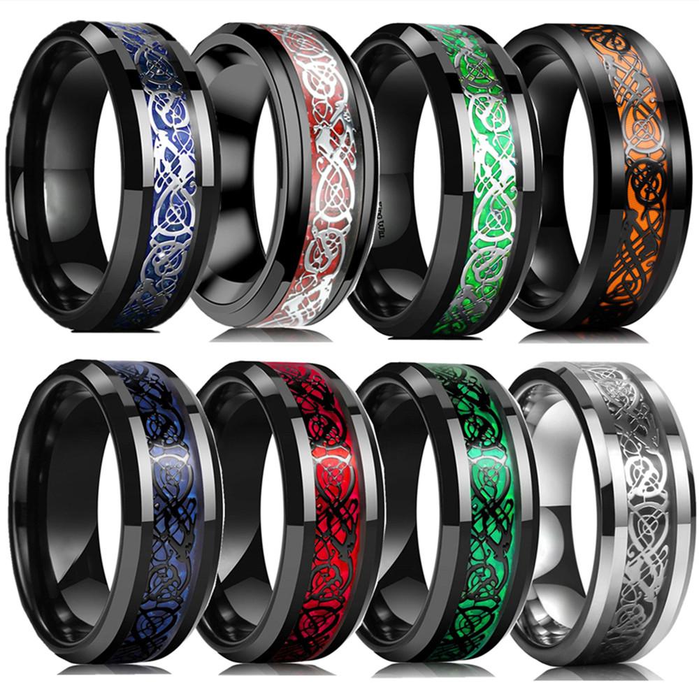 Classic 8mm Black Tungsten Wedding Celtic Dragon For Men  Stainless Steel Red Carbon Fiber Ring Band