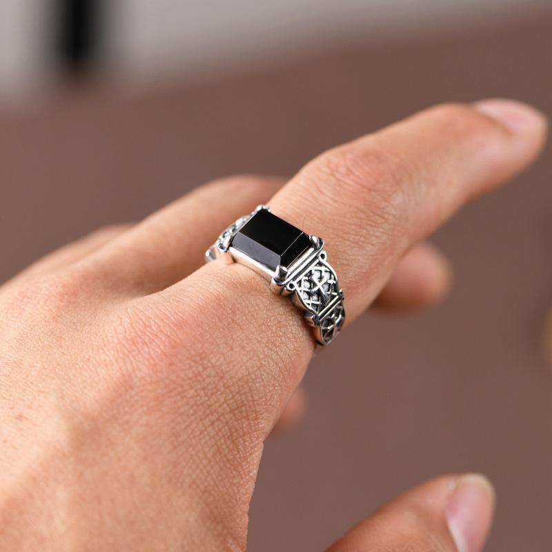 Yintai Versatile Unisex Thai Silver Black Agate Adjustable Ring - Trendy Retro Jewelry Ornament