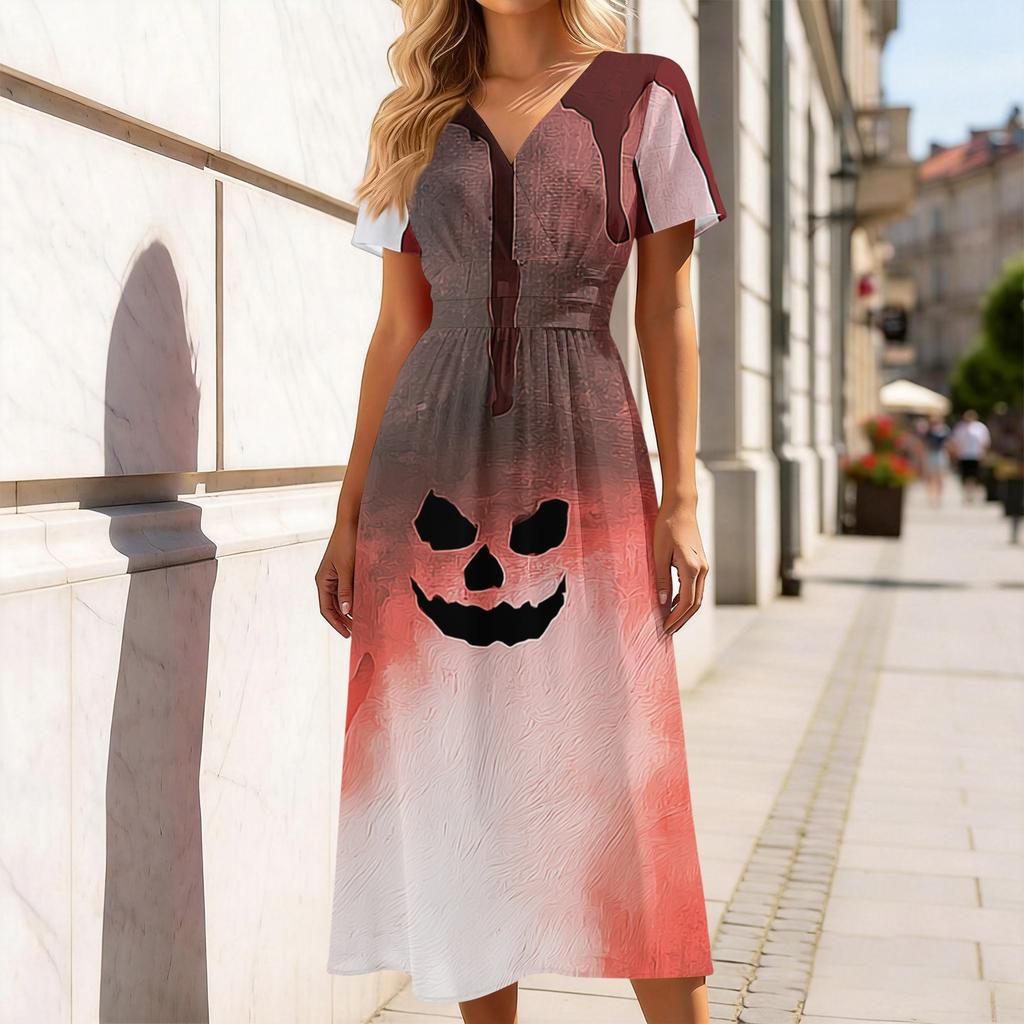 Women's V-Neck Short Sleeve Casual Dress with Halloween Print for Everyday Wear