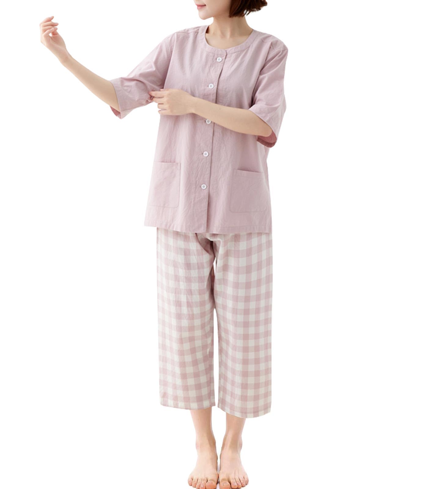 

Short Front Top and Bottom Sweat Gentle on the Skin [Sumolux] Women s Pajamas, 100% Cotton, Sleeve, 3/4 Length, Loungewear, Opening, Set, Spring, рожевий