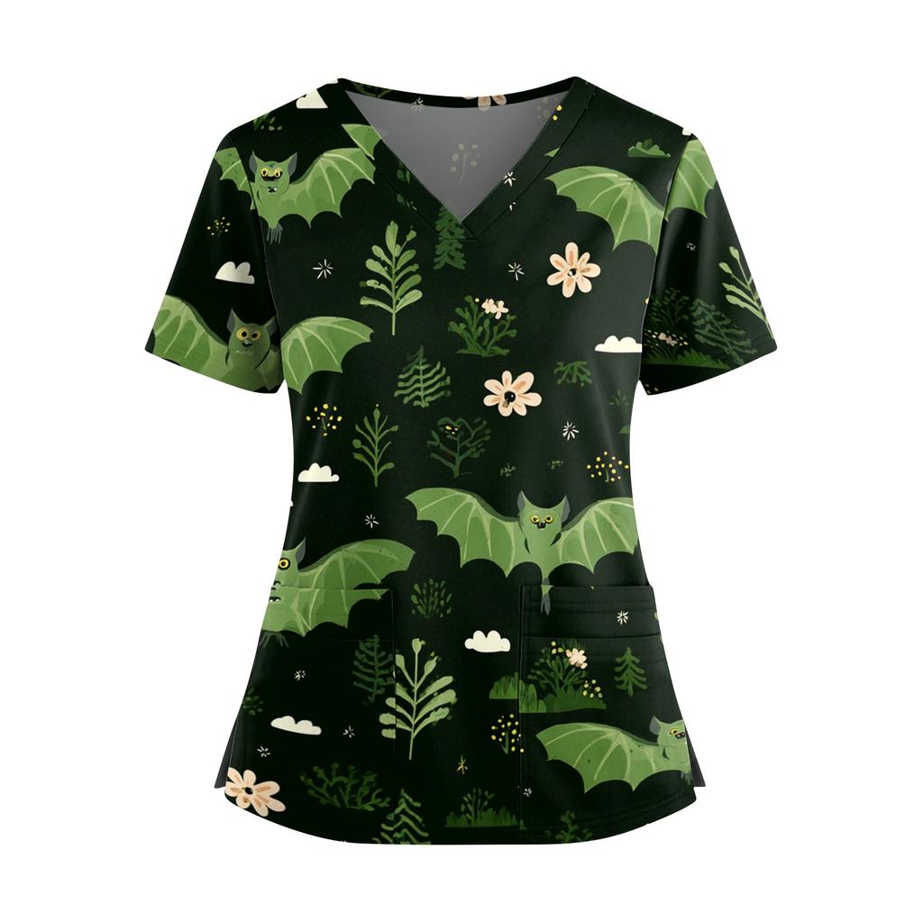 Women V Neck Halloween Print Short Sleeve Nurse Scrub Top with Double Pockets and Side Slit Hem Medical Uniform Shirt for Caregivers