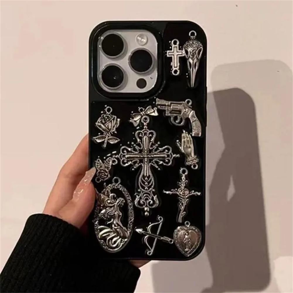 Carcasă Telefon Cool Y2k Metalică Creativă cu Cruce și Cupidon Pentru iPhone 17 Air 16 15 14 13 12 11 Pro Max Husa Estetică Pandantiv Aripi