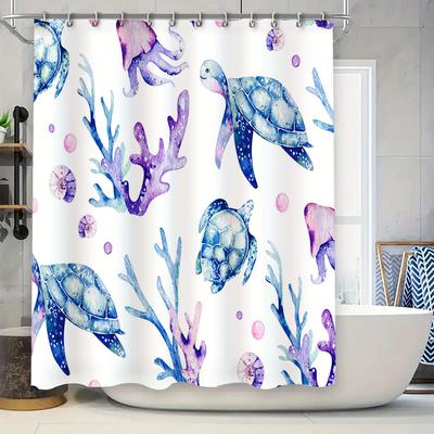 Sea Turtle Coral Reef Shower Curtain Blue Purple Watercolor Ocean Decor For Bathroom Removable Waterproof Printed Liner