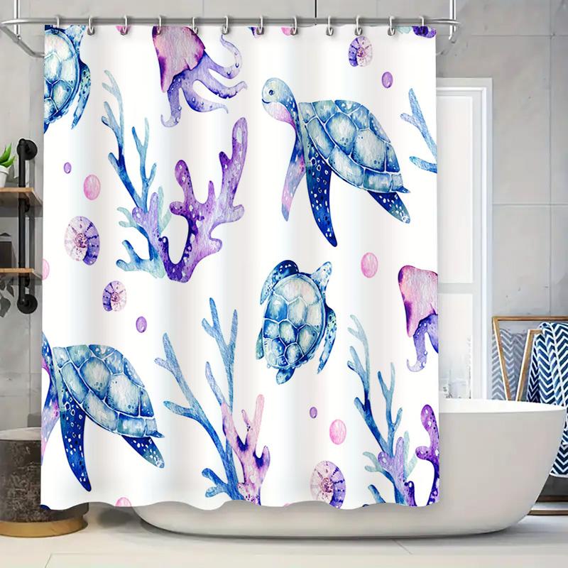 Sea Turtle Coral Reef Shower Curtain Blue Purple Watercolor Ocean Decor for Bathroom Removable Waterproof Printed Liner 90x180cm