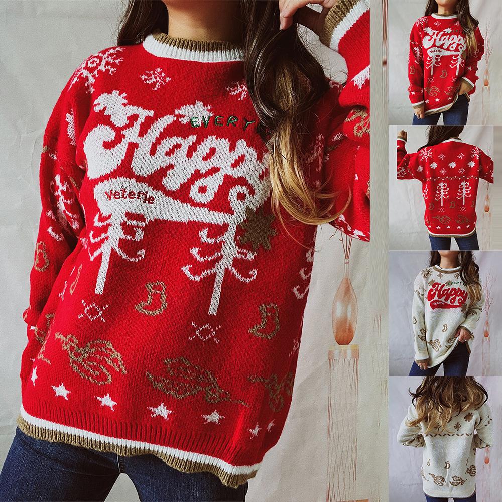 

Рождественский женский вязаный свободный свитер с длинным рукавом с принтом, вечерние свитера, топы