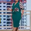 Large Size Women Fashion Mid Sleeves Patchwork Dress Ladies Elegant One Piece V Neck Sheath Dress