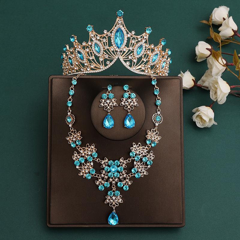 DIEZI Korean Sky Blue Crystal Crown Women Girls Headwear Luxury Bridal Bride Tiaras Necklace Earrings Wedding Party Jewelry Sets