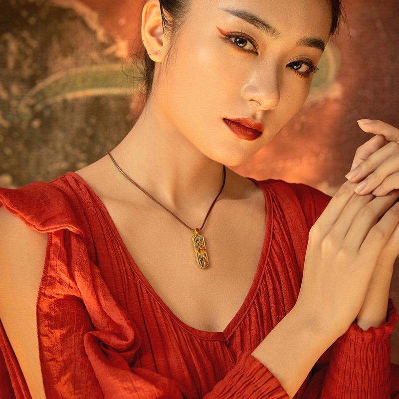 Vietnamese Gold-Enamel Vermilion Bird and Phoenix Brass Necklace