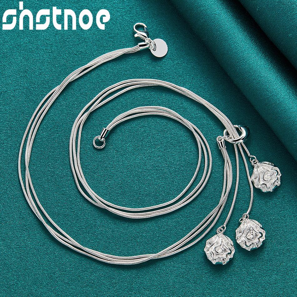 925 Silver 3pcs/lot Jewelry Set Rose Flower Pendant Chain Necklace Bracelet Earring Series For Woman Girl Wedding Party