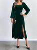 2024 European & American Women's Sexy Slit Velvet Dress with Square Neck & Puff Long Sleeves