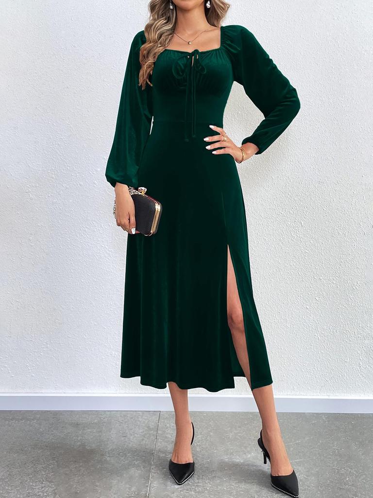 2024 European & American Women's Sexy Slit Velvet Dress with Square Neck & Puff Long Sleeves