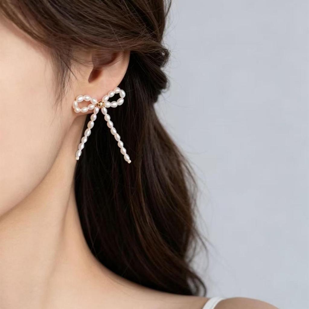 Elegant Bow Freshwater Pearl Stud Earrings