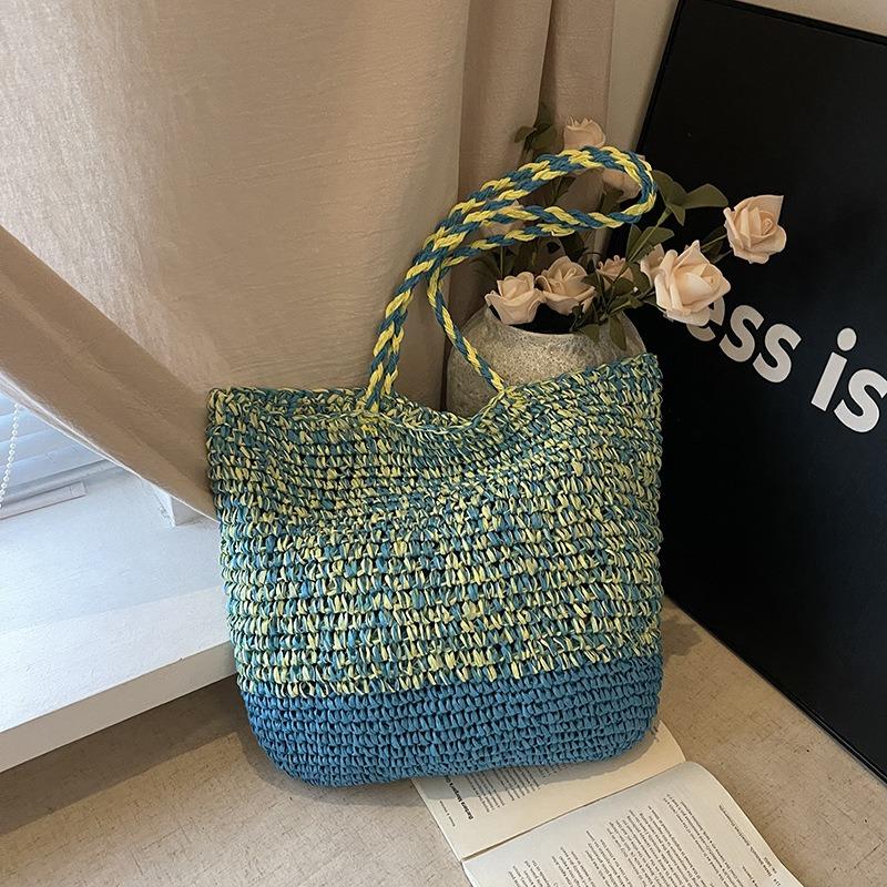 Contrasting Color Woven Bag Women's New High-end Seaside Vacation Beach Bag Large-capacity Shoulder Tote Bag