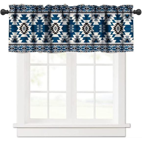 Blue Tribal Valance, Navajo Native American Navy Blue White Aztec Ethnic Geometric Print Blackout Short Window Curtain Drape for Kitchen Bedroom Cafe