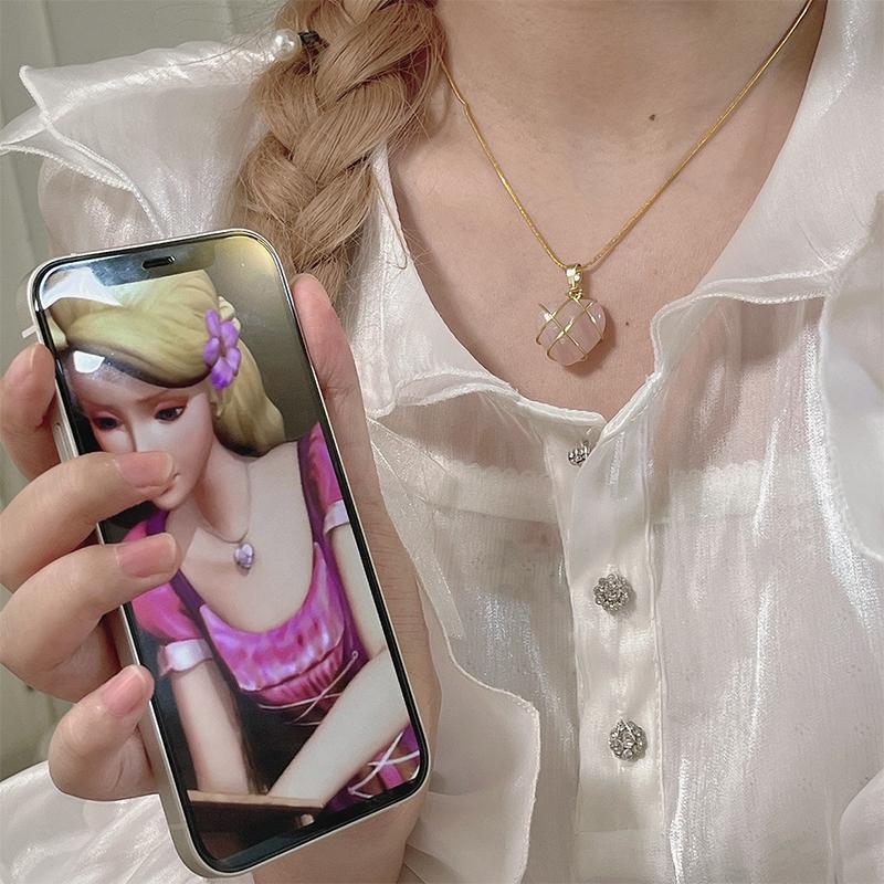 Opal Heart Necklace Castle Necklace For Women Girls Rose Quartz Barbie Necklace Jewelry Accessories Gift