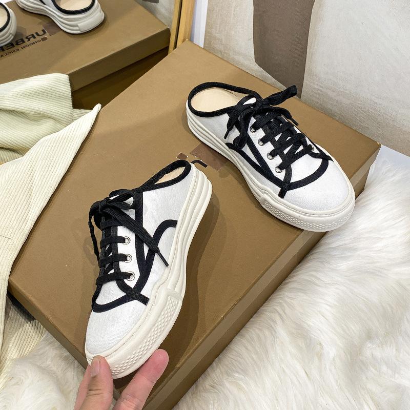 Baotou Half-drag Casual Shoes Women's Fashion Outer Wear New Casual Retro Thick-soled Heightening Canvas Shoes White Shoes Women's Shoes