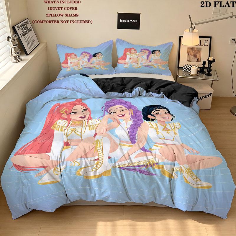 Ensemble de couette Kpop Demon Hunters Motif Housse de couette Taie d'oreiller Maison Cadeau d'anniversaire(1 housse de couette + 2 taies d'oreiller, sans garniture.)