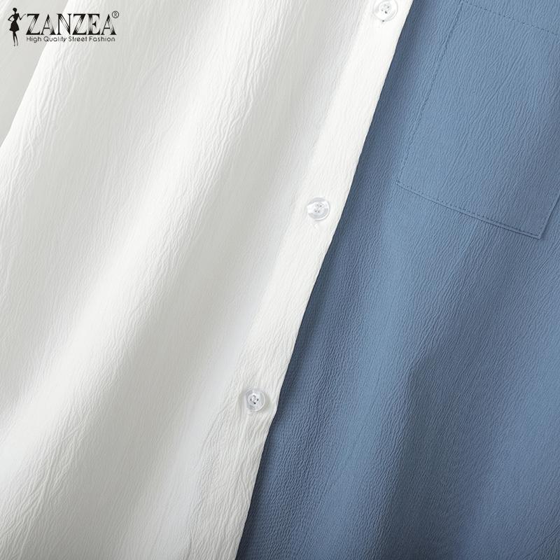 ZANZEA Women Casual Turn Down Collar Loose Long Sleeve Patchwork Blouse