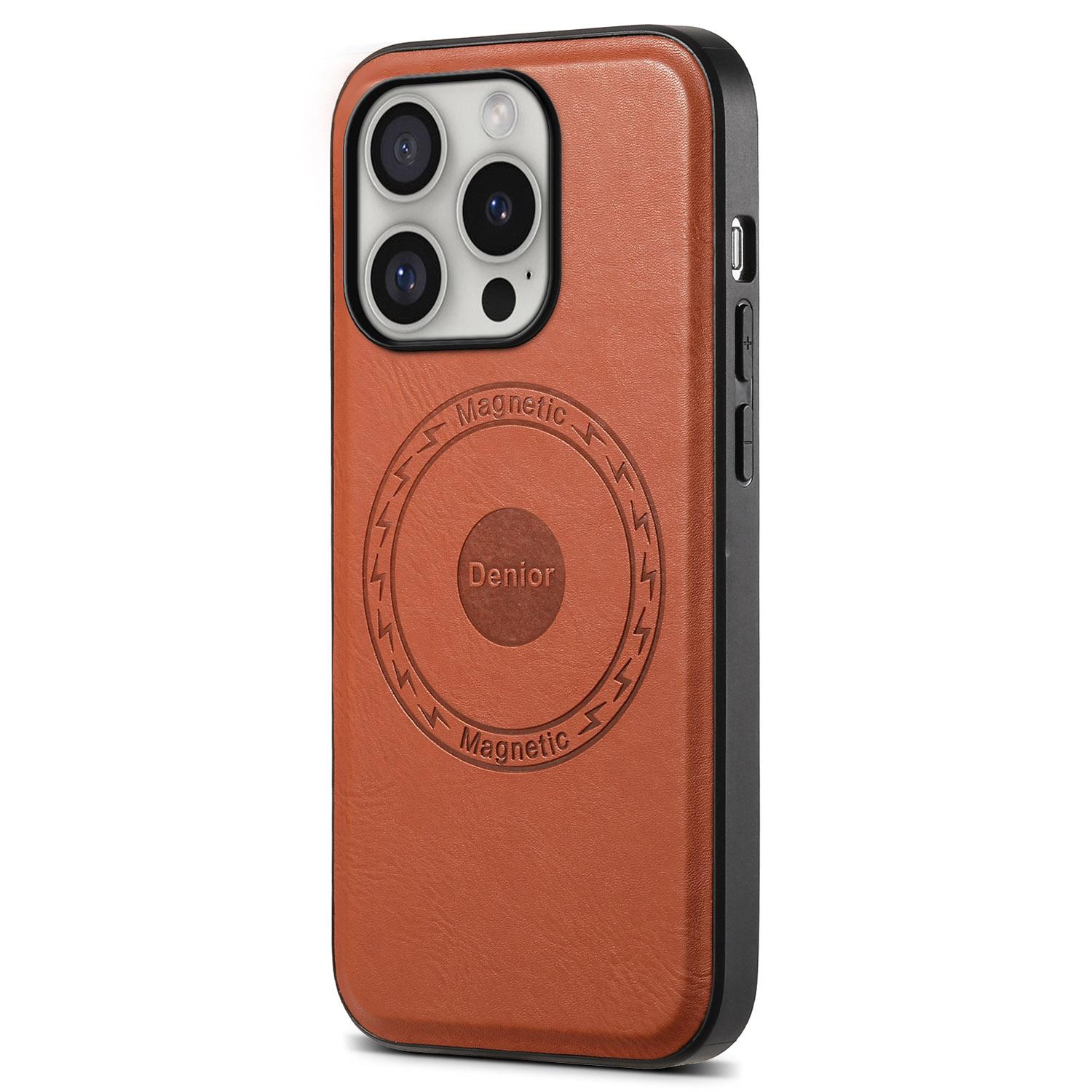 

DENIOR A10 for iPhone 16 Pro Max Magnetic Case Non-Slip Leather Coated PC+TPU Phone Cover Cowhide Texture Brown