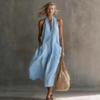 Nuevo Vestido de Verano Casual Vintage de Lino para Mujer, Vestido Midi sin Mangas con Escote en V y Bolsillo de Parche para Vacaciones