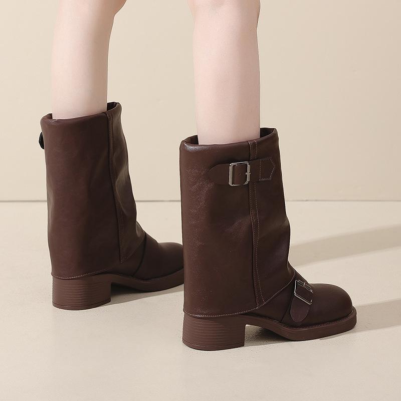 French retro western cowboy boots women's 2025 spring and autumn new high-heeled stacking boots slim pleated medium tube Martin boots