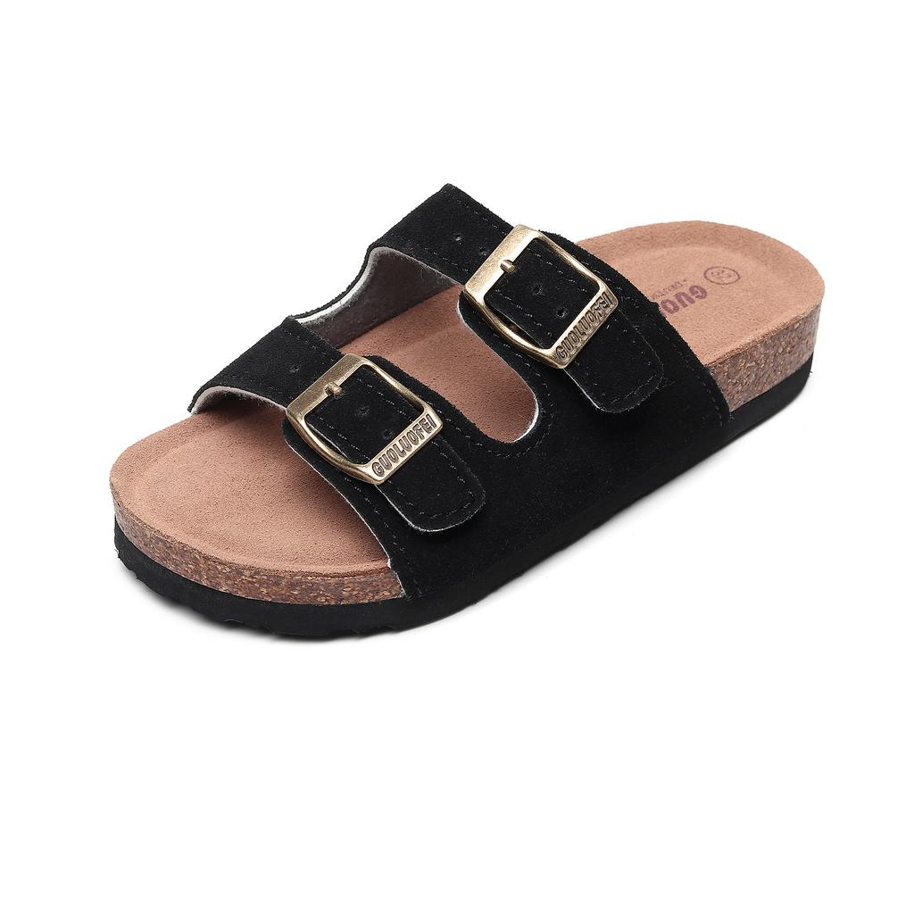 Papuci de plajă unisex cu 2 curele, lux din piele de vacă, sandale plate de vară pentru femei