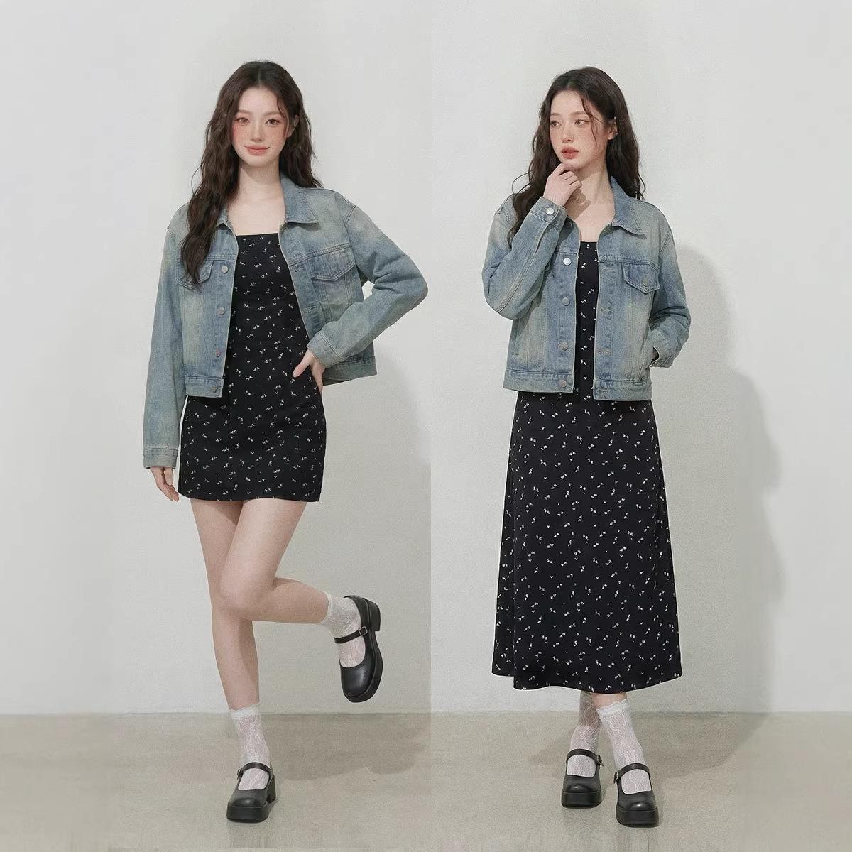 

Plus Size Retro Black Floral Spaghetti Strap Dress with Denim Jacket Set 2X Large