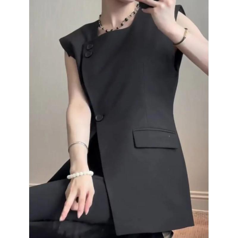 Women's Summer Slim-Fit Blazer Vest Solid Color Elegant Asymmetric Commuter Top