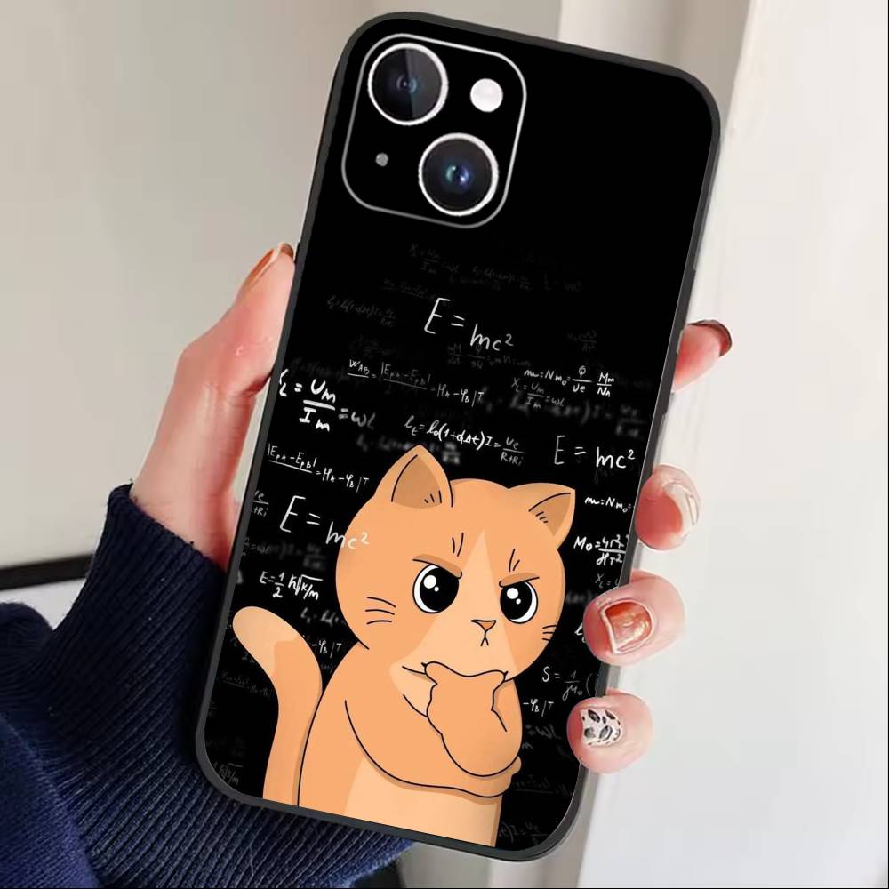 Thinking Cat Animal Phone Case For iPhone 17 16 15 14 13 12 Max Plus Silicone Black Cover