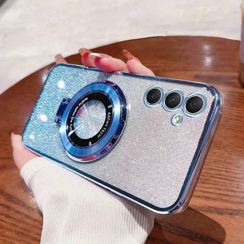 A56 A36 A26 S24FE Glitter Plating Holder Silicone Case For Samsung Galaxy A16 A15 A25 A35 A55 A14 A24 A34 A54 5g Stand Cover