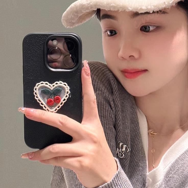 

Pu Leather Cute Cherry Lace Phone Case For iPhone 15 14 13 12 11 16 Pro Max XS XR 7 8 Plus SE Protector Soft Candy Cover For iPhoneX XS