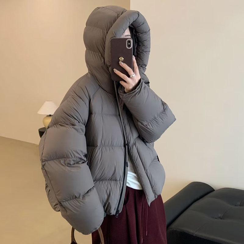 High-end Hooded Puff Down Jacket Women's Winter Drawstring To Keep Warm Loose White Duck Down Bread Jacket Tide