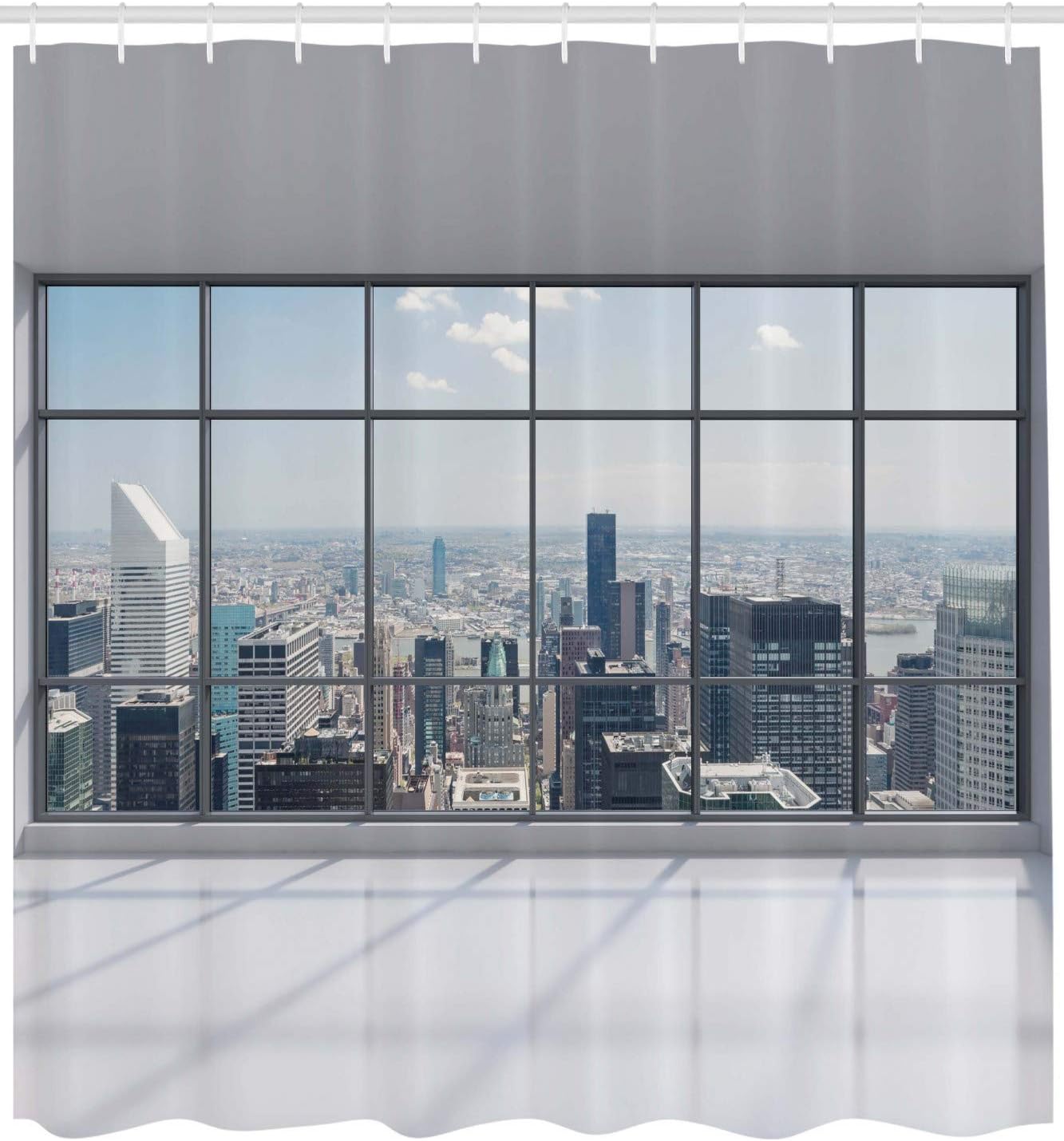 

City Shower Curtain, Clean Office With Big Window Downtown Skyscraper Buildings Domestic Cityscape Art, Cloth Fabric B W60H190(CM)-1 Pcs