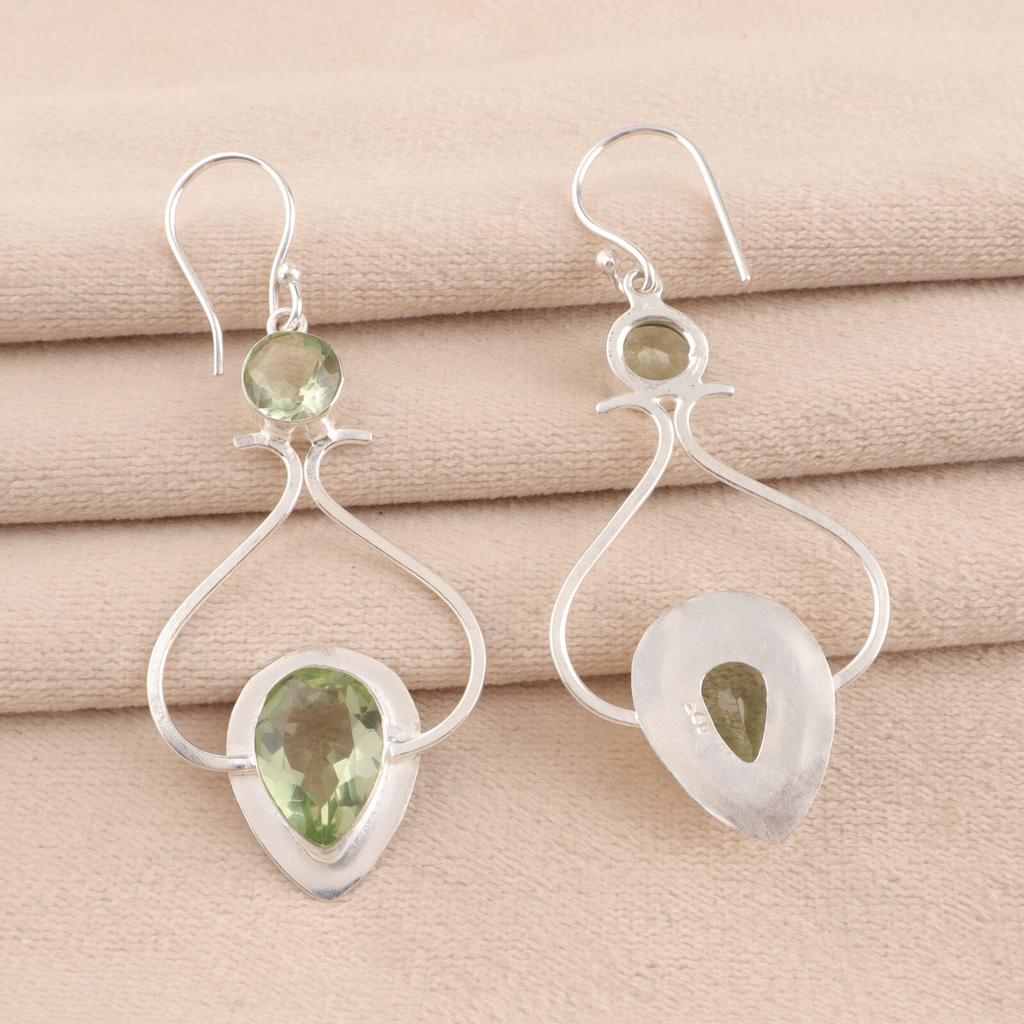 Natural Green Amethyst Gemstone 925 Solid Silver Handmade Stylish Earrings 2.07" EE-170-14