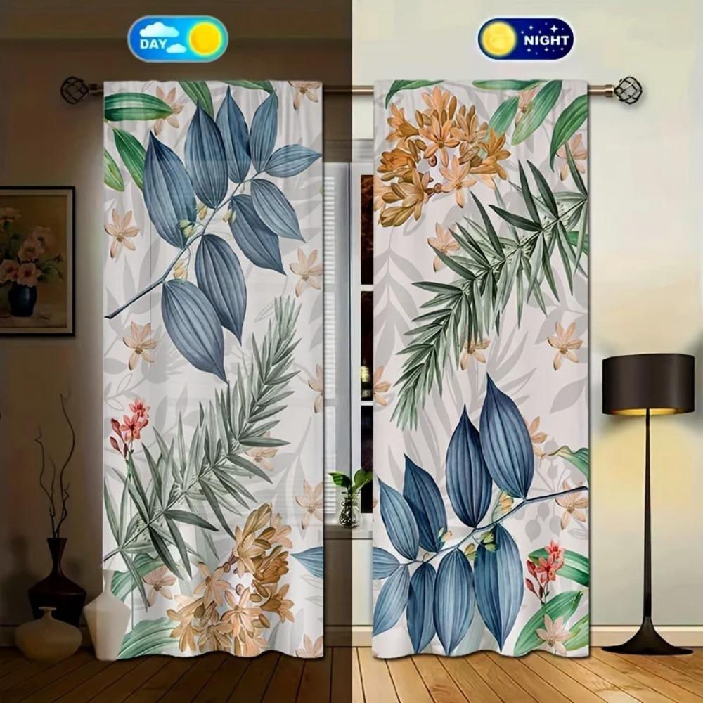 2pc Modern Leaf Floral Print Light-Filtering Curtain Panels UV-Resistant Easy-Care Transparent Drapes for Bedroom Living Room